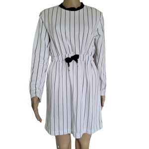 Monki Long Sleeve Drawstring Waist Stripe Black/White Crew Neck Dress Size XS